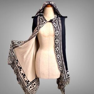Wet Seal black/tan Aztec print edged cape and hood with fringed edge- OSFM